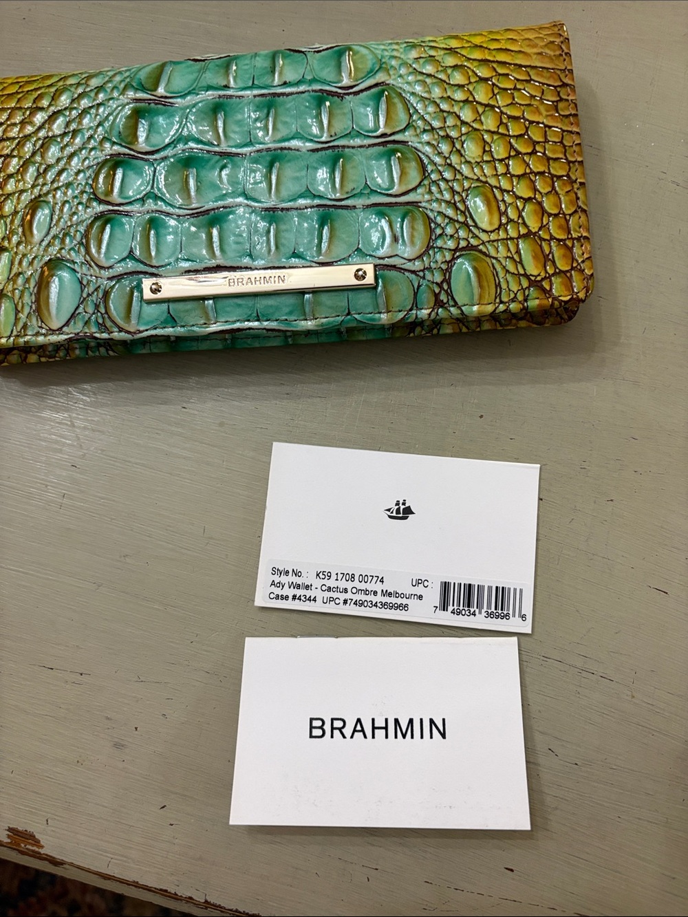 Brahmin Teal and Yellow Croc-Embossed Leather Wallet - Picture 5 of 5